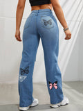 High-Waisted Butterfly Print Ripped Distressed Jeans