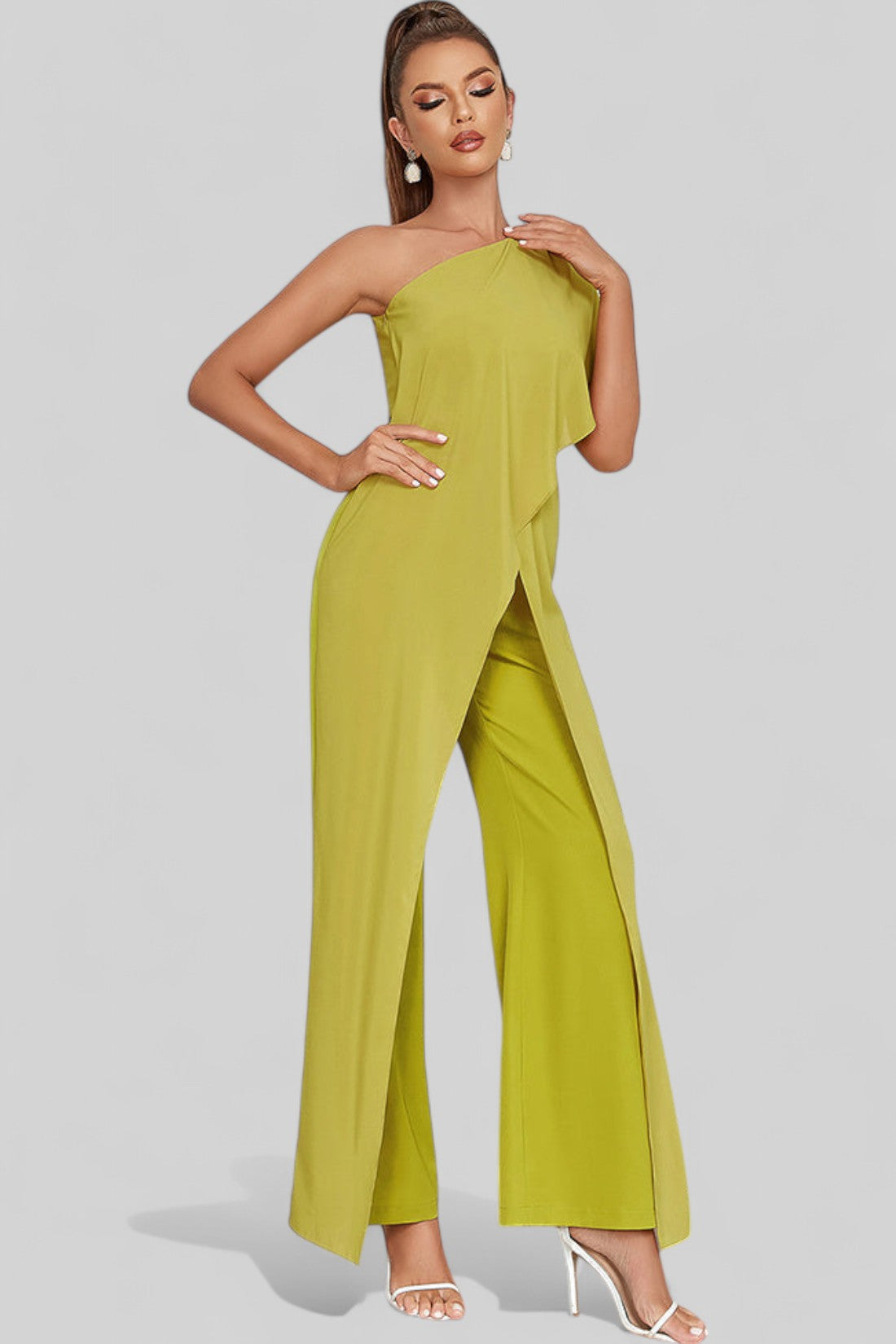 Olive Green One-Shoulder Ruffled Jumpsuit