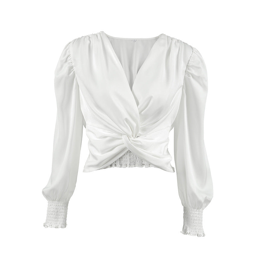 White Satin Twist V-Neck Pullover