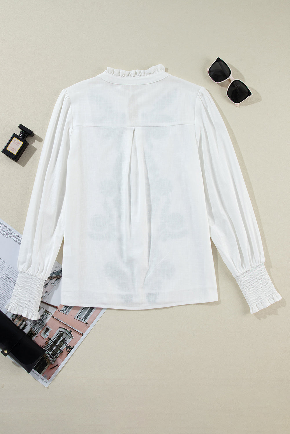 White Floral Embroidered Shirred Sleeve Shirt