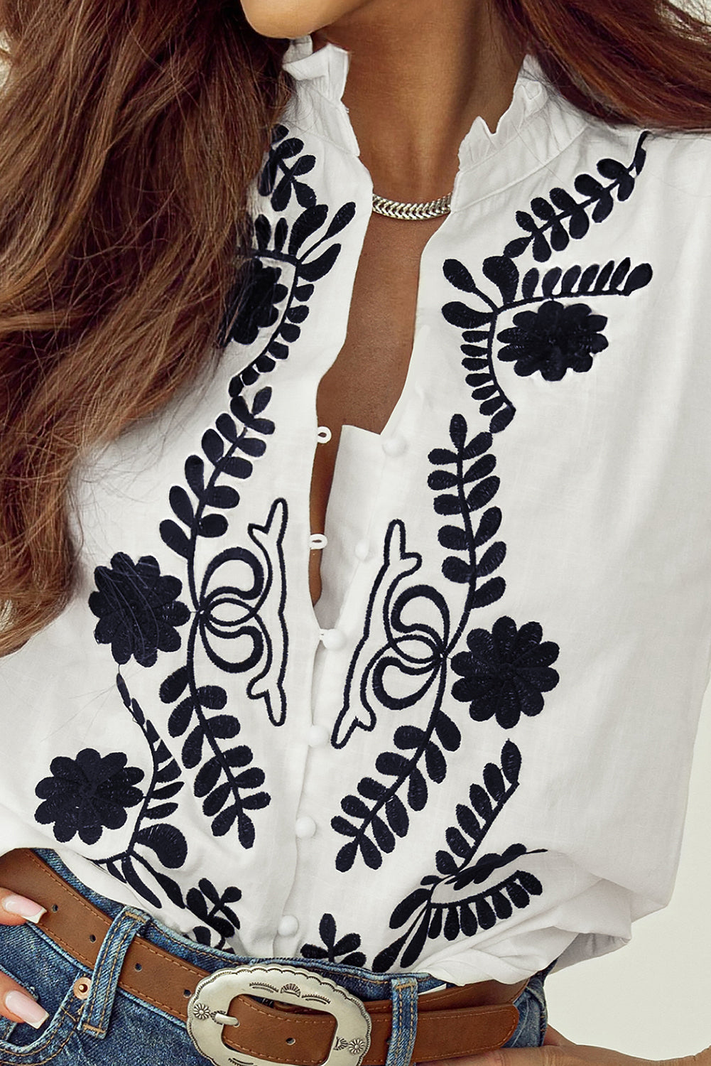 White Floral Embroidered Shirred Sleeve Shirt