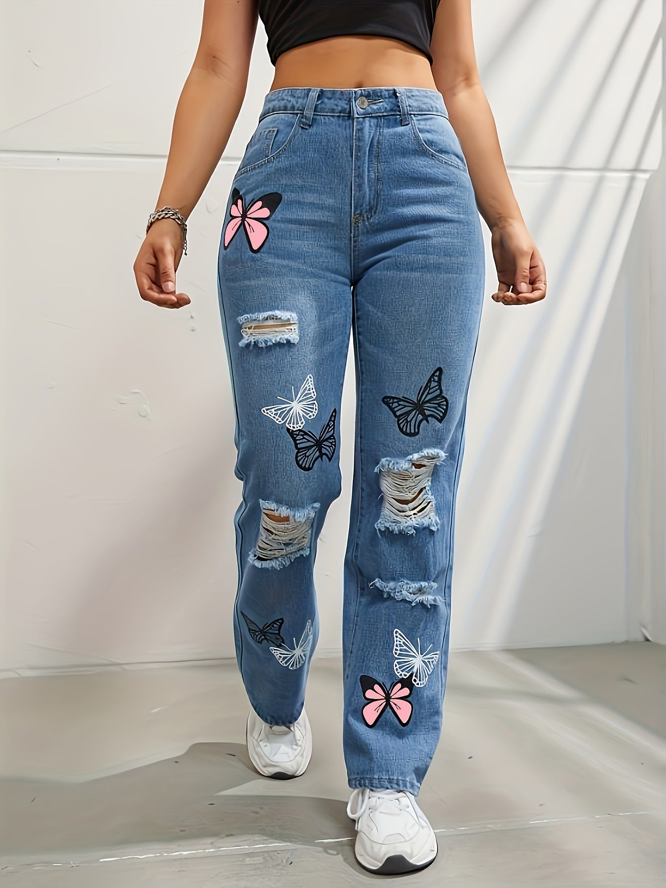 High-Waisted Butterfly Print Ripped Distressed Jeans