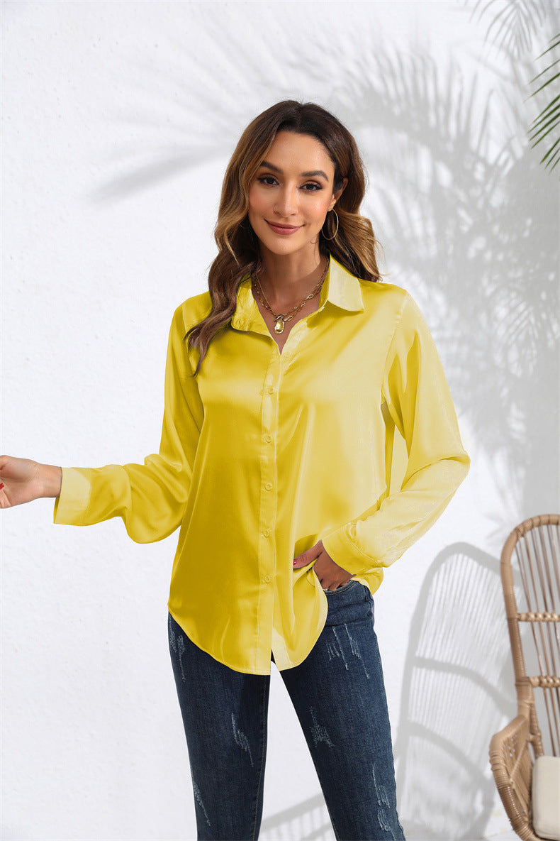 Solid Color Satin Long Sleeve Blouse