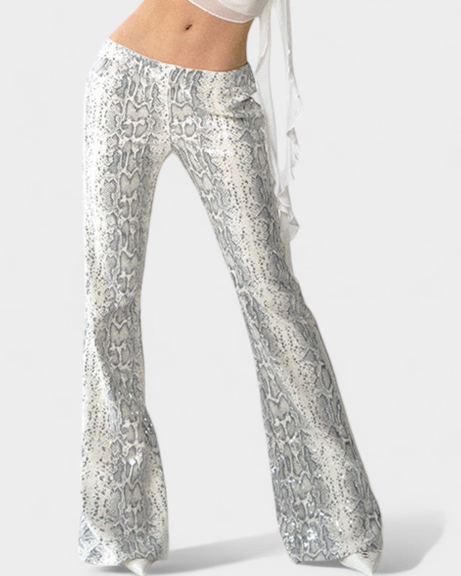 Snake Print Sequin Flare Pants