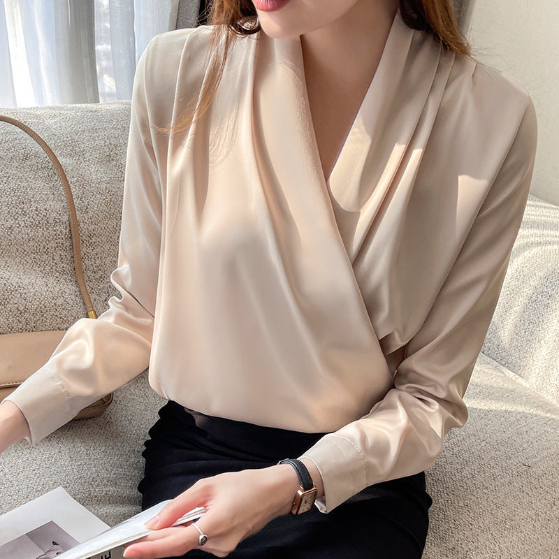 Long Sleeve V-Neck Satin Blouse