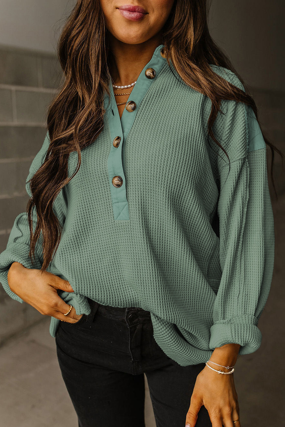 Jet Stream Waffle Long Sleeve Collar Half Button Loose Top