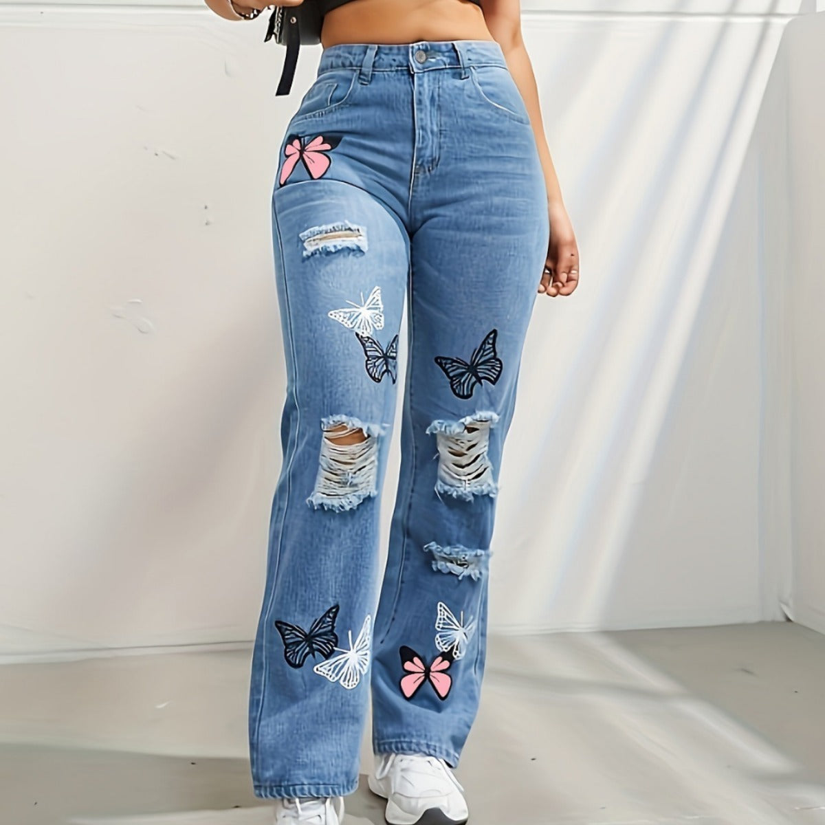 High-Waisted Butterfly Print Ripped Distressed Jeans