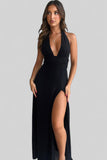 Halterneck V-Neck Slit Dress