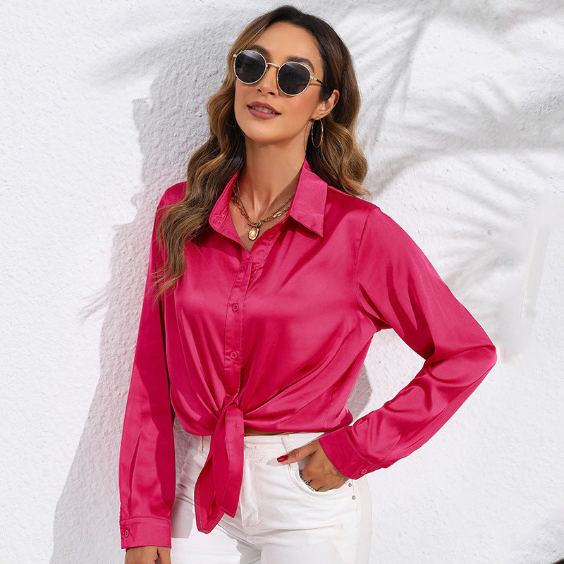 Solid Color Satin Long Sleeve Blouse