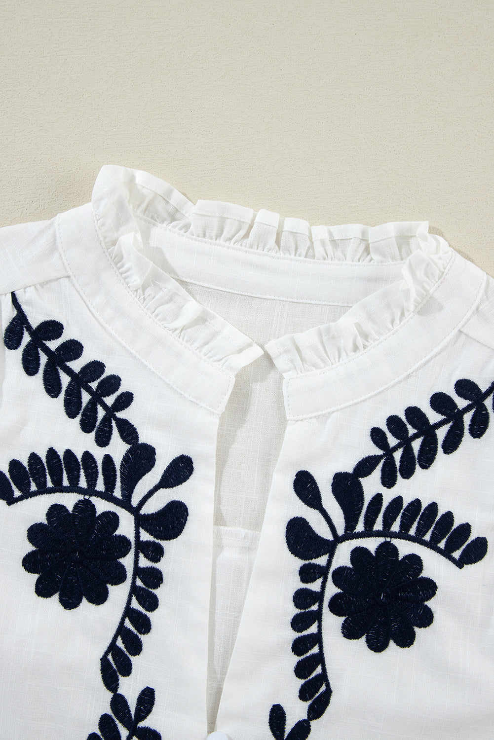 White Floral Embroidered Shirred Sleeve Shirt