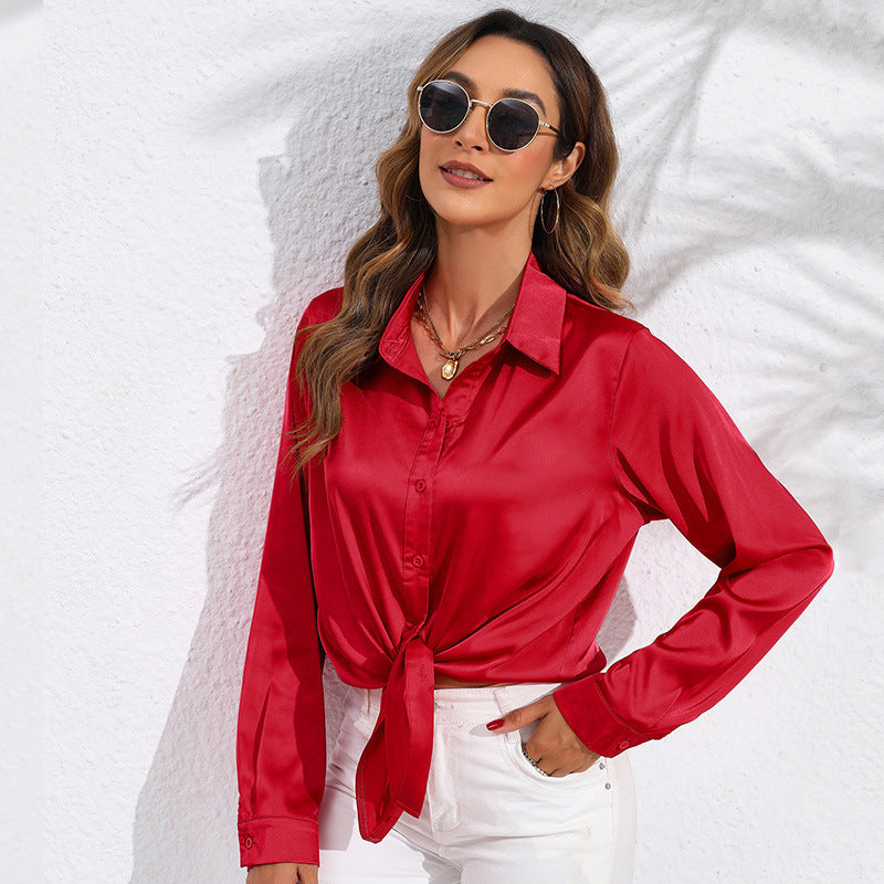 Solid Color Satin Long Sleeve Blouse