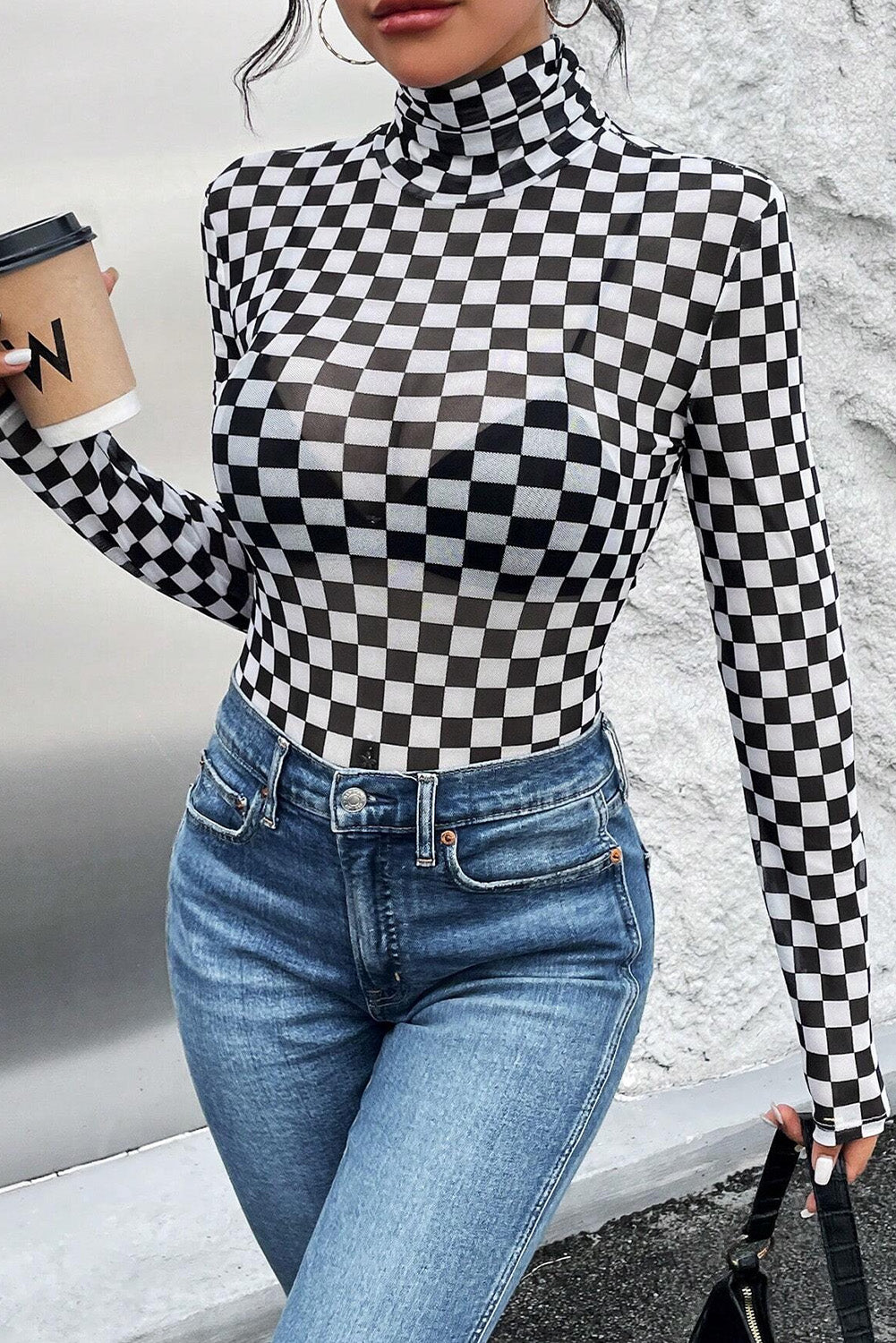 Bold Checkered High Neck Bodysuit