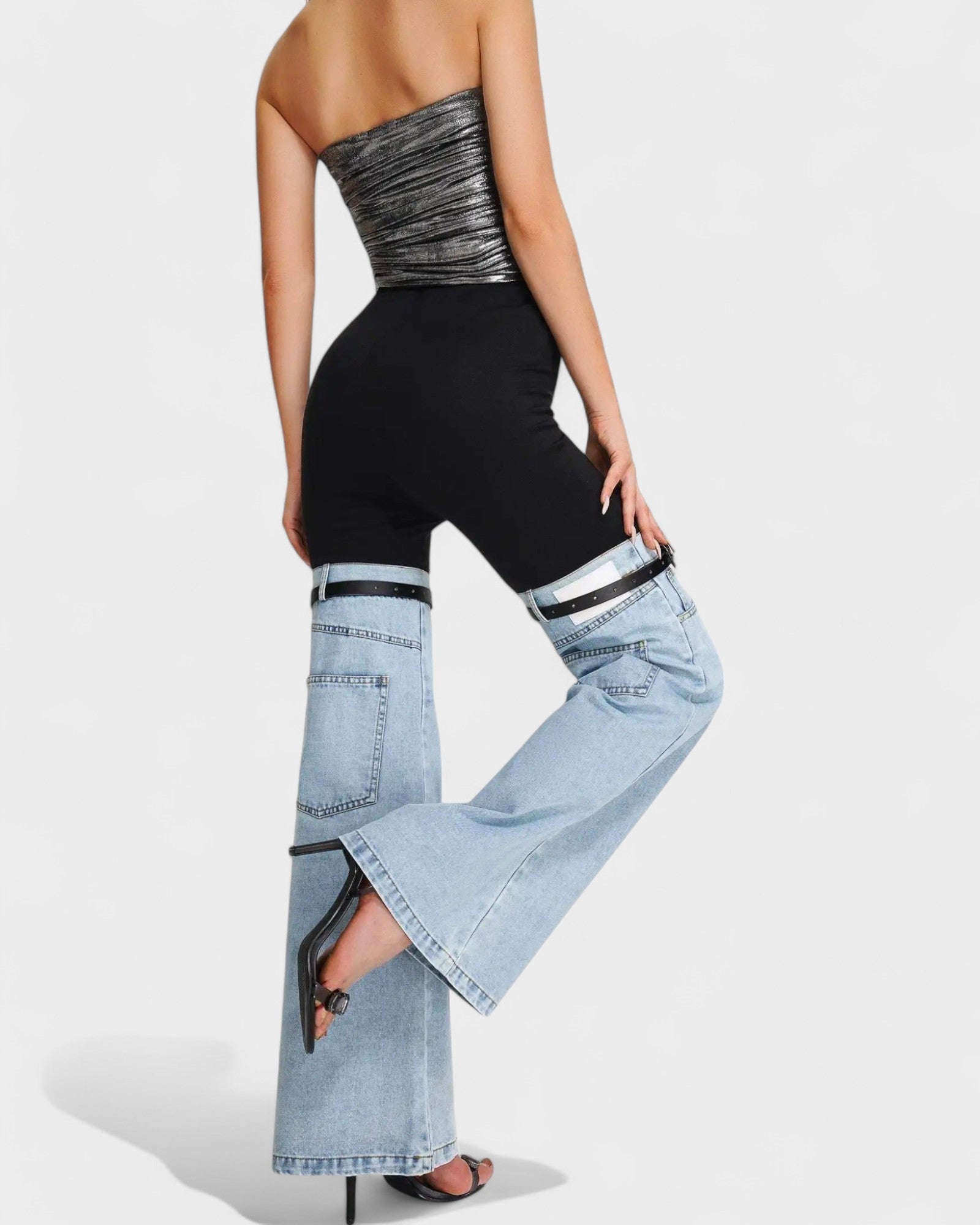 High-Waist Contrast Bootcut Jeans