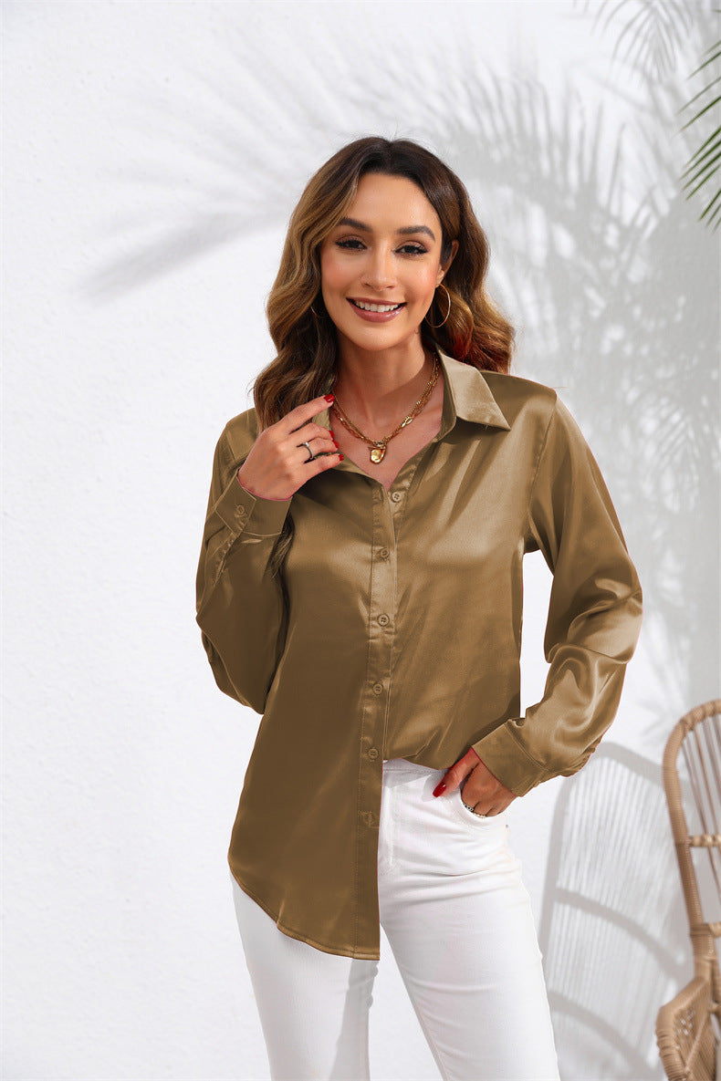 Solid Color Satin Long Sleeve Blouse