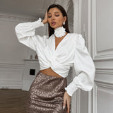 White Satin Twist V-Neck Pullover