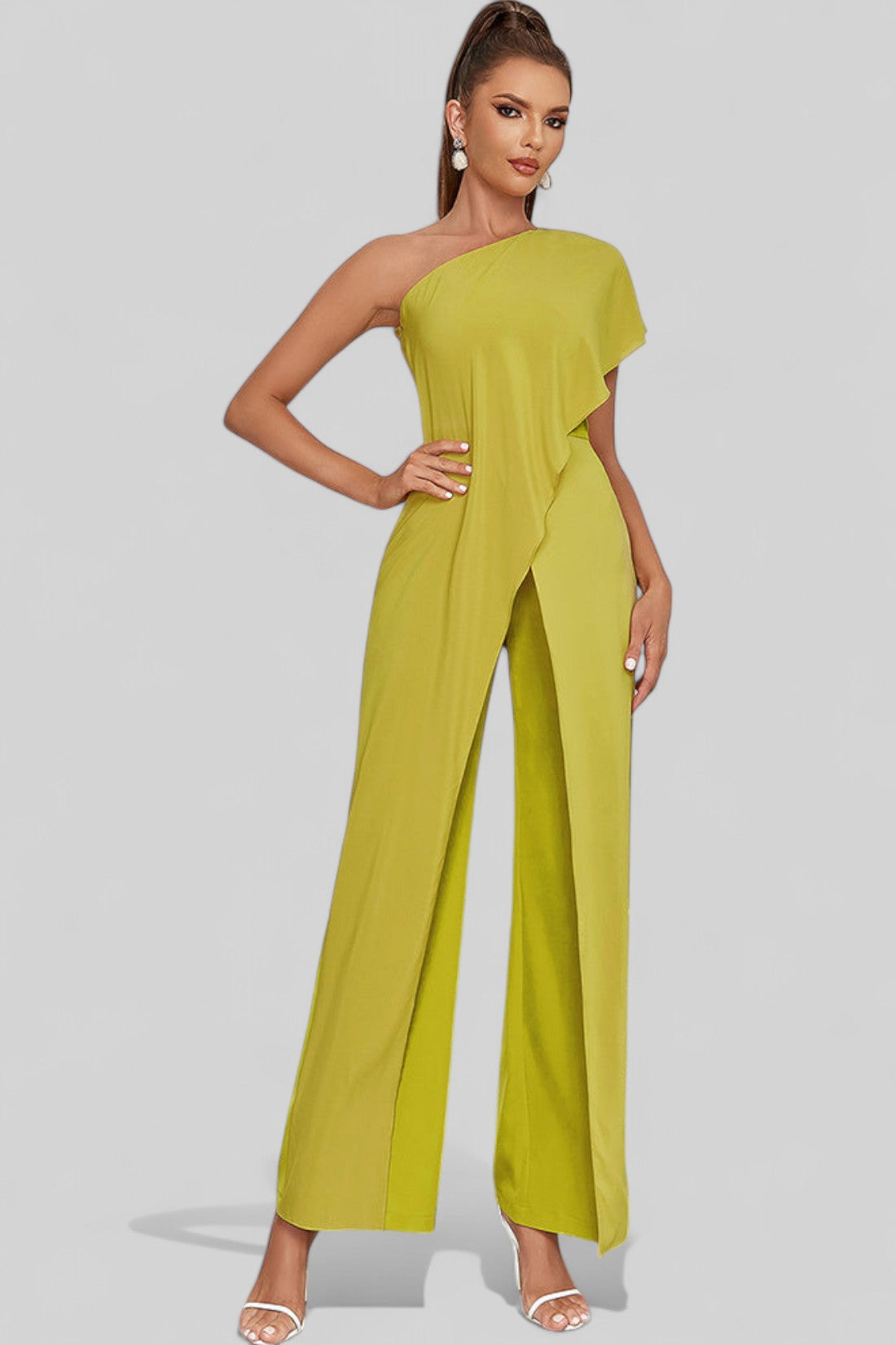 Olive Green One-Shoulder Ruffled Jumpsuit