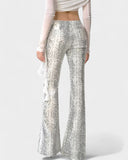 Snake Print Sequin Flare Pants