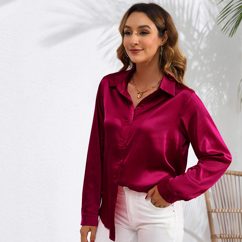 Solid Color Satin Long Sleeve Blouse