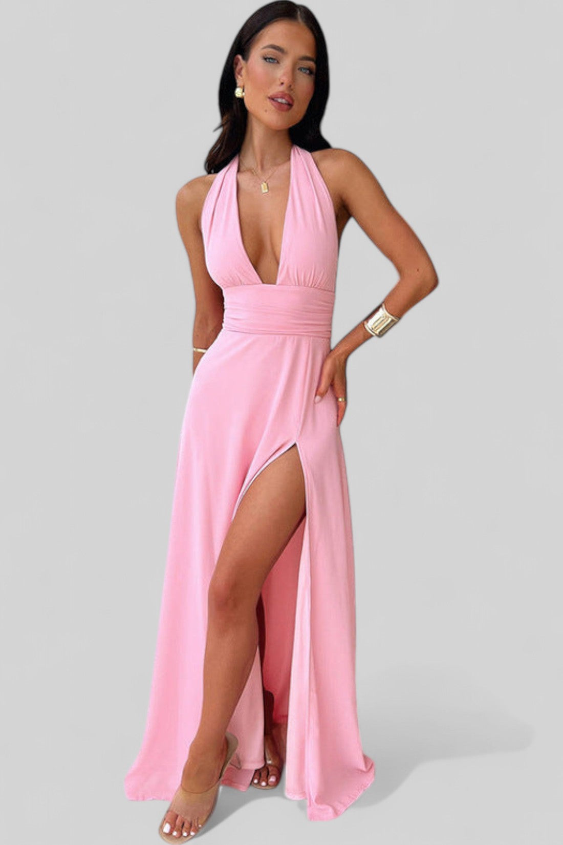 Halterneck V-Neck Slit Dress