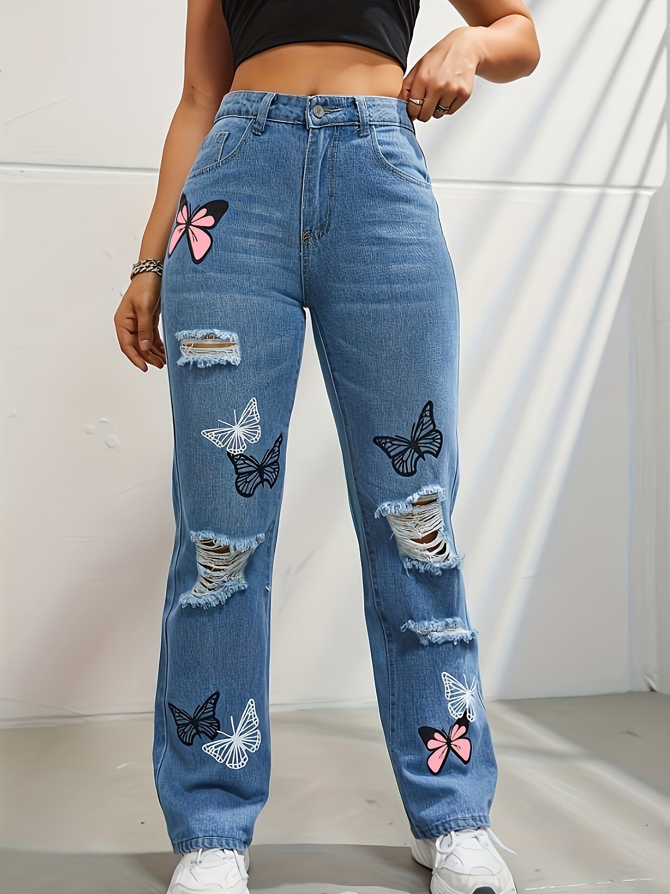 High-Waisted Butterfly Print Ripped Distressed Jeans