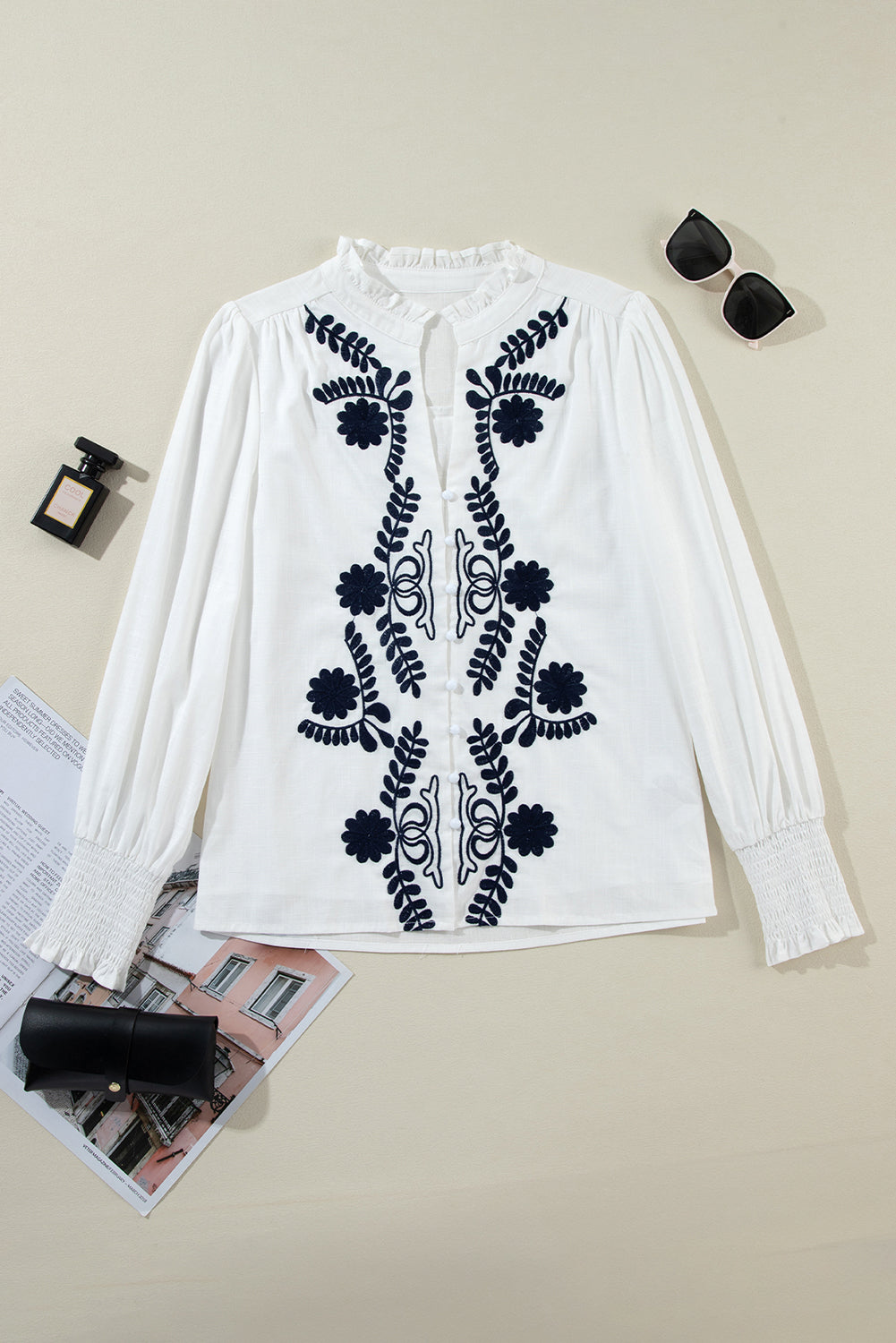 White Floral Embroidered Shirred Sleeve Shirt