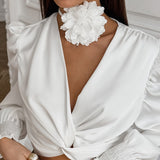 White Satin Twist V-Neck Pullover