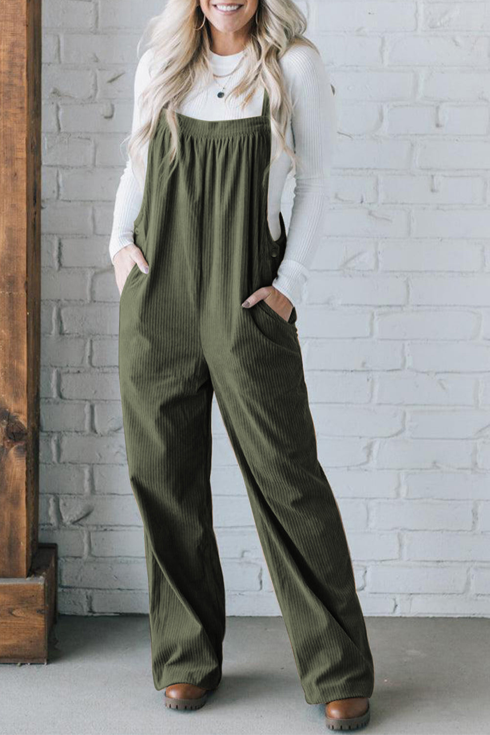 Gray Morn Solid Pocketed Loose Fit Corduroy Overall