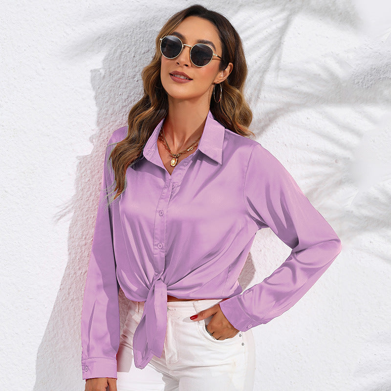 Solid Color Satin Long Sleeve Blouse